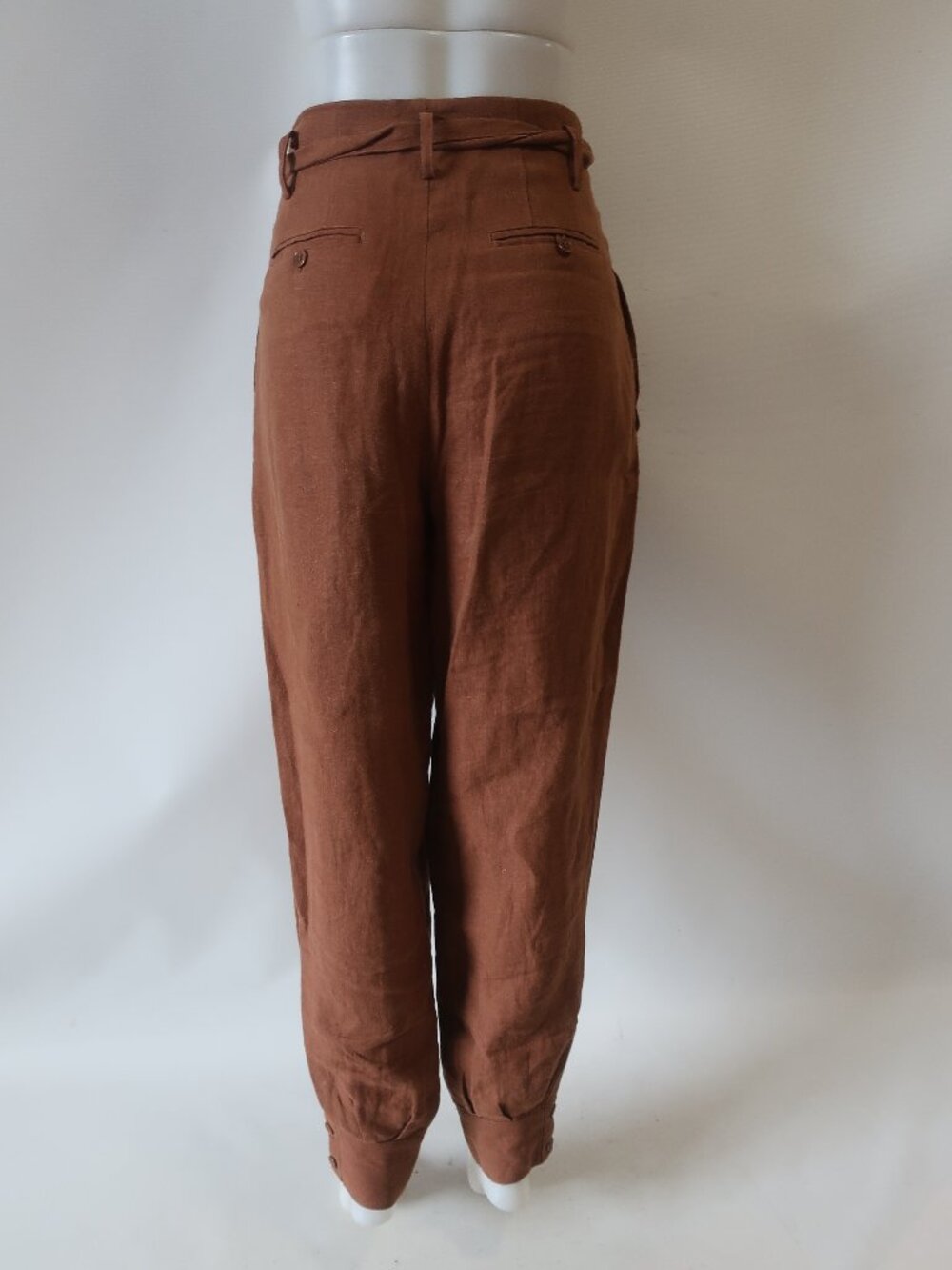 Womens Ronny Kobo Brown (Item- 43) Belted Pleated Tapered Cropped Linen Pants S - Picture 9 of 12